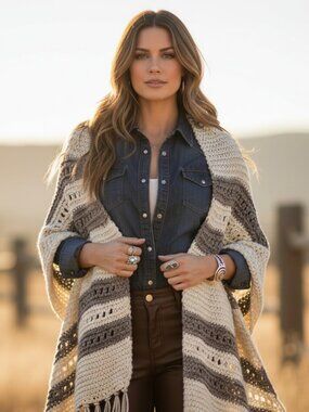 NEW Aran Cream Taupe Metallic Eyelet Hand Knitted Shawl Wrap Boho Cottage Chic